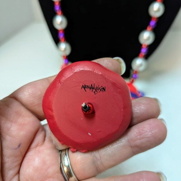 Purple & RED HAT SOCIETY Beaded NECKLACE Faux Pearl 40" Handmade Signed - Picture 7 of 9